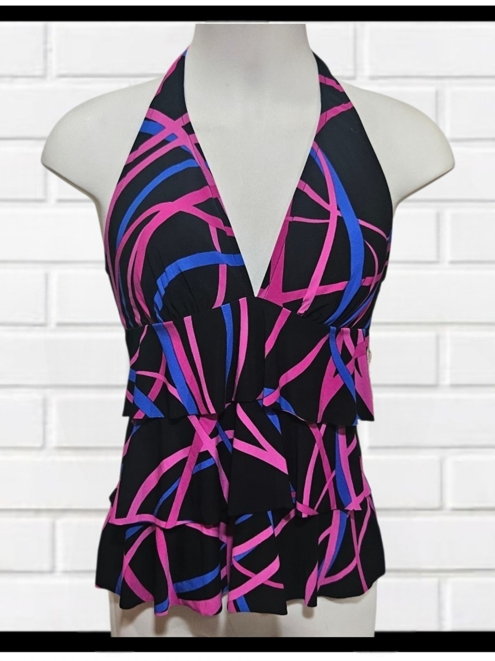 JAMAICA BAY NWT Ruffle Tiered Halter Tankini Swim Top Abstract Pink Blue Size 8